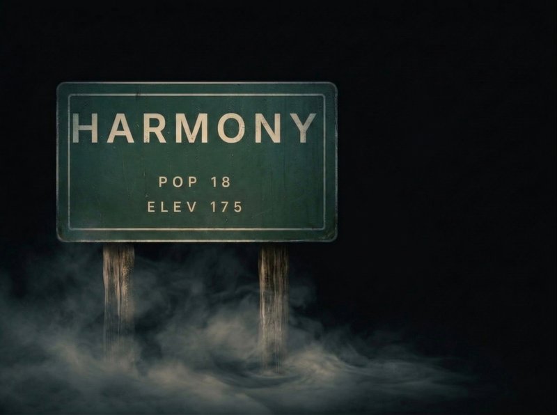 Harmony town sign emerging from fog — population 18, elevation 175